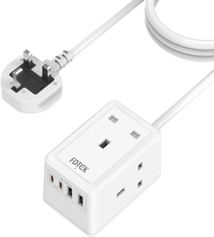 3M Extension Lead With USB Slots,  Mini Plug Extension Socket with 3 AC Outlets and 4 USB Slots, 13A/3250W Wall Mount Power Strip With 3 Metre Extension Cable for Travel Home Office