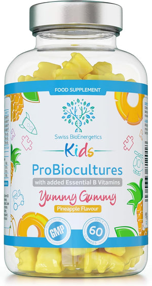 Kids Probiotics/ProBiocultures Gummies - 60 Children's probiotics Multi-Strain Gummies - Natural Pineapple Flavour – with Added B & C Vitamins for Immune Support - 2 Month Supply – UK Made