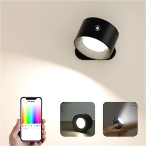 Wall Light Indoor, Wall Lamp Dimmable with Battery with USB Charging Port, Smart Wall Lamp Touch Control 3 Brightness Levels 16 Million Colours 360° Rotatable for Living Room (Black+Colorful Light)