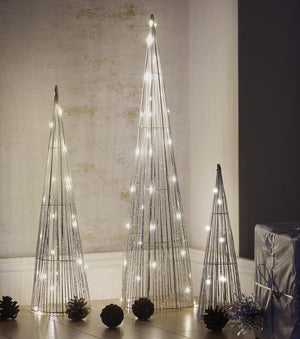 Marco Paul Christmas Set of 3 Silver Light Up Cone Trees Festive LED Christmas Decorations Pre-Lit Xmas Tree Set Indoor Ornamental Pyramid Metal Ornaments Home Decor Wire Warm White LED Lighting