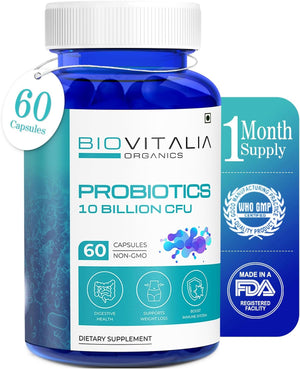 BIOVITALIA Probiotics Capsules for Men & Women with 10 Billion CFU | Dietary Supplement | Supports Digestive Health & Metabolism| Promotes Body Immunity - 60 Veg Capsules