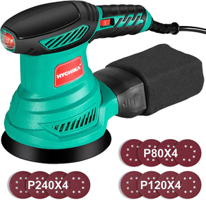 HYCHIKA Orbital Sander, 300W 13000RPM Random Orbital Sander, 6 Variable Speeds, 125mm 12Pcs Sandpapers, Electric Sander with Dust Collection Ideal for Sanding, Polishing Wood, DIY, Home Improvements