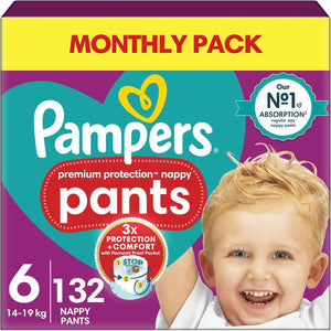 Baby Premium Protection Nappy Pants, Size 6 (15kg Plus) 132 Nappies, MONTHLY SAVING PACK, Nº1 Comfort and Protection Easy-on Pants