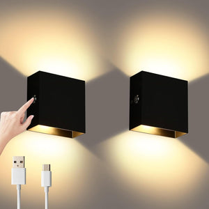 2Pcs Wall Lights Dimmable, Rechargeable Wall Light Touch Up Down Wall Light USB Uplighter Downlighter Wall Lamp Sconce Black for Bedroom, Living Room, Balcony, Bedside, Warm White