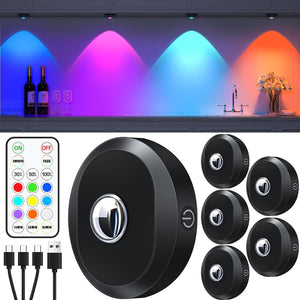 Under Cupboard Kitchen Lights Rechargeable, RGB Under Cabinet Lights with Remote Control, Timing Function, Wireless LED Puck Lights for Kitchen Cupboard, Cabinet and Showcase(6 Pack)