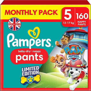 Baby-Dry Nappy Pants Paw Patrol Edition Size 5, 160 Nappies, 12kg-17kg, Monthly Pack, with A Stop & Protect Pocket to Help Prevent Leaks at The Back