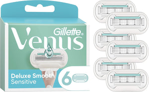 Deluxe Smooth Sensitive Razor Blades Women, Pack of 6 Razor Blade Refills, Lubrastrip with A Touch of Aloe Vera, SkinCushion Helps Protect From Shave Irritation