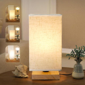 Small Bedside Lamps, 3 Color Temperature Table Lamp Minimalist Small Nightstand Bedroom Lamp with Square Fabric Shade, On-Off Switch and Wood Base Desk Lamps for Living Room, Bed Room, Dorm, Office