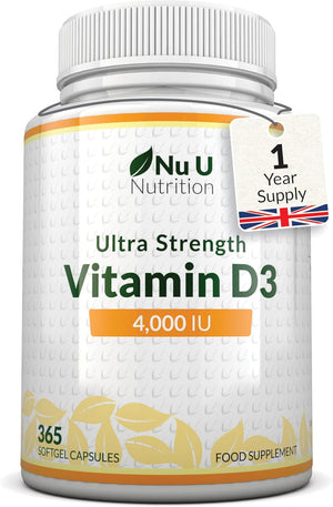 Vitamin D3 4000 IU - 365 Ultra Strength Softgel Capsules not Tablets - 1 Year Supply - Easy to Swallow - Quadruple Strength - Vitamin D Supplement - Made in The UK