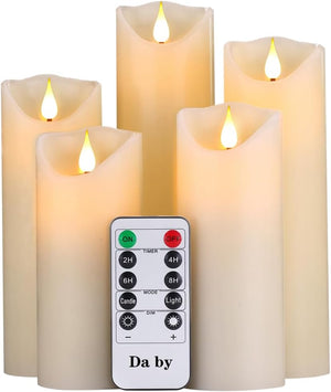 Flameless Candles 13/14/16/18/20cm Set of 5 Realistic Dancing LED Flickering Wick for Parties,Home,Public Elegant Events, Battery Powered, 10-Key Remote Control, Ivory Color.