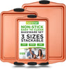 Baking Tray Set, Oven Baking Pans, 3 Piece Non-Stick Kitchen Oven Trays, Stackable Carbon Steel Baking Set, High Quality Cookie Sheet, Copper Metal Bakeware w/Black Silicone Handles, 3Pc