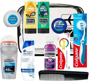 Travel Toiletries Set for Men - Mini Toiletries Travel Kit Including Travel Size Essentials, a Clear Zip up Travel Bag and Airport Approved Sizes of Products