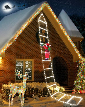 9.8Ft Ladder Christmas Lights with Santa Claus - 310 LED Outdoor Christmas Lights Mains Powered with Timer, Memory Function, 8 Modes Christmas Lights for Indoor Outdoor Xmas Decor(White)