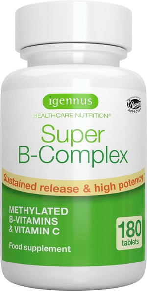 Super B-Complex - High Absorption Methylated B Vitamins, Clean Label, 180 Sustained Release Tablets - Complete Spectrum of B Vitamins with Folate, Boosted B12 & Vitamin C, 90 Servings, by Igennus