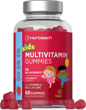 Kids Multivitamin | 60 Vegan Gummies | 14 Essential Nutrients | with Vitamin A, B12, C, D & Zinc | Natural Strawberry Flavour | by