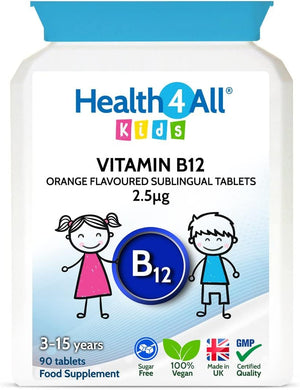 Kids Vitamin B12 2.5mcg Sublingual 90 Tablets (V) Vegan Methylcobalamin Chewable Tablets for Children. Orange Flavoured. Made in The UK by