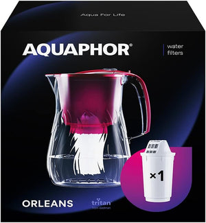 Orleans Water Filter Jug 4.2L, for reduction of limescale, Chlorine and other impurities, 1x A5 350 litre Added Magnesium Cartridge - Premium Water Filter jug in Glass effect. Cherry