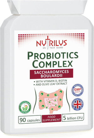 Probiotics Complex Saccharomyces Boulardii 90 Capsules 5 Billion CFU - Biotin, Vitamin D, Olive Leaf - Digestive - Hangover - Gut Flora Balance