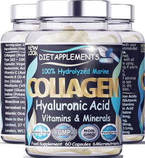 Marine Collagen Type 1&3 1000mg, Hyaluronic Acid 200mg/serving; Vitamin C, Zinc, Copper for Immune System; E, B2, Iodine. Hydrolyzed Peptides Supplement. Skin, Hair, Nails & Bones Support. 1 Bottle.