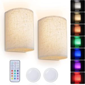 Battery Operated Wall Lights Indoor with Remote, Wireless LED Wall Lights with Fabric Shade, 12 Colors + Day White Changeable Dimmable Wall Lamp for Living Room Bedroom Hallway (Battery NOT Include)