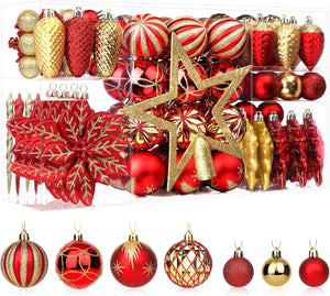 106pcs Christmas Baubles Ornaments Set,Shatterproof Plastic Decorative Baubles for christmas tree decorations, Holiday Wedding Party Decoration with Hooks Included,Red & Gold