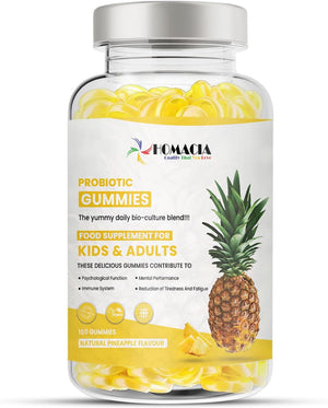 Homacia Probiotic Gummies | 150 Probiotic Gummies for Kids & Adults | Natural Pineapple Flavour with Added Vitamins | Immune Booster for Kids | UK Manufactured Multivitamin Gummies