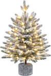 2ft/68cm Pre-lit Potted Flocked Tabletop Christmas Tree, Mini Snowy Frosted Artificial Spruce Xmas Tree with 35 Warm White LED Lights and 262 PE Branch Tips for Home Porch Decor