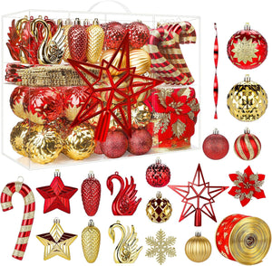 128Pcs Christmas Baubles Ornaments Set, Shatterproof Christmas Tree Decorations Balls,Christmas Flowers, Ribbon,Tree Topper for Xmas Tree Holiday Wedding Party with Hooks, Red & Gold