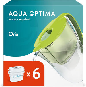 Oria Water Filter Jug & 6 x 30 Day Evolve+ Filter Cartridge, 2.8 Litre Capacity, for Reduction of Microplastics, Chlorine, Limescale and Impurities, Green