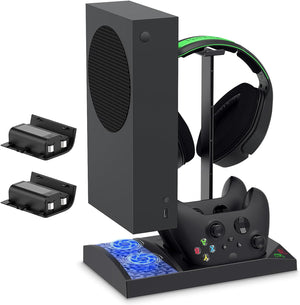 Vertical Charging Cooling Stand Compatible with Xbox Series S Accessories with Rechargeable Battery, Charging Station with Cooling Fan System + 2x1400mAh Batteries + Headset Holder - Black