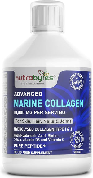 Marine Collagen Liquid 10000mg Sugar Free, Hydrolysed Peptides | Hyaluronic Acid, Biotin, Silica, Vitamin C, Vitamin D3 | Healthy Skin, Hair, Nails, Joints, Muscles | Liquid Collagen for Women & Men