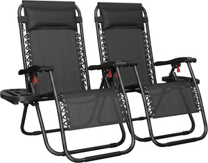 26" Zero Gravity Recliners Outdoor Adjustable Folding Reclining Lounge Chairs w/Pillows, Cup Holder Trays and Carry Strap for Patio Backyard Beach Navy Blue/Gray/Beige/Black Set of 2