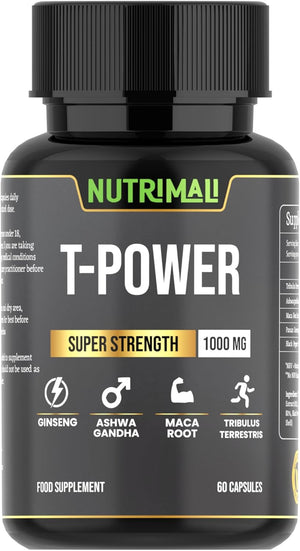 T-Power (Testo Supplement) | Ginseng, Maca, Tribulus Terrestris, Ashwagandha | 60 Capsules 1000mg High Strength | Gym Supplements for Men, Energy, Stamina Booster