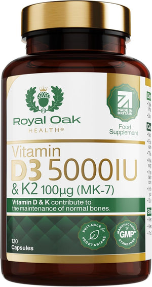 Vitamin D3 5000 IU & Vitamin K2 100mcg (MK-7) x120 Capsules, 4 Month Supply - High Strength Vitamin D & K2 Supplement for Men & Women, Made in The UK by