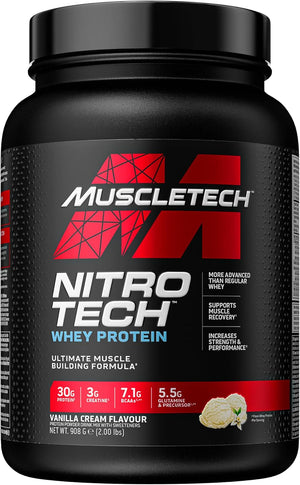 NitroTech Whey Protein Powder, Muscle Maintenance & Growth, Whey Isolate Protein Powder With 3g Creatine, Protein Shake For Men & Women, 6.8g BCAA, 20 Servings, 908g, Vanilla