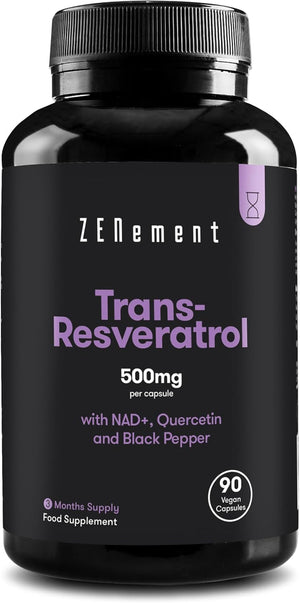 Trans-Resveratrol, 500mg per Capsule, 90 Capsules | with NAD+, Quercetin and Piperine | Anti-Aging, Healthy Aging, Antioxidant | Vegan, Preservatives Free, Allergen Free, Non-GMO |