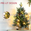 2 Pieces 2ft Prelit Artificial Christmas Tree with LED Light and 141 Tips, Concrete Base, Tabletop Xmas Tree with Pine Cones and Red Berries, Green