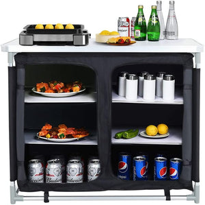 Folding Camping Storage Cupboard Portable Camping Kitchen Unit with Aluminium Frame, 1 double cupboard, Black, 100×50×80cm