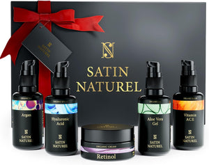 Christmas Gifts for Women - Gift Set Women with Hyaluronic Acid Serum for Face + Vitamin C Serum + Aloe Vera Gel + Argan Oil + Moisturiser 5x30ml, Gifts for Her Christmas Gift Boxes by Satin Naturel