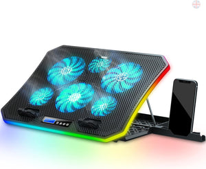 C12 Laptop Cooling Pad RGB Gaming Notebook Cooler for Desk and Lap Use, Laptop Fan Stand 8 Adjustable Heights with 6 Quiet Fans and Phone Holder, for 15.6-17.3 Inch Laptops -Ice Blue LED Light