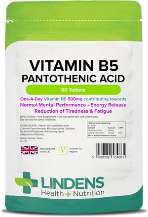 - Vitamin B5 Pantothenic Acid 500mg, 90 Tablets - 7666% NRV Dose, Contributes to Mental Performance, Metabolism & Reduction of Tiredness - UK Made, Letterbox Friendly