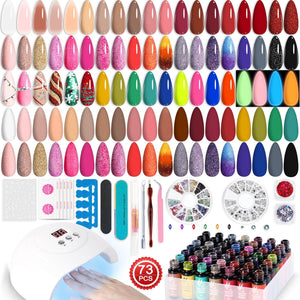 73 Pcs Gel Nail Polish Set with Lamp Starter Kit, Jelly/Glitter/Neon/Glow in the Dark 45 Colors,Nail Primer, Base,Matte & Top Coat 54W LED Auto Sensor Rhinestones Manicure Tools LA00