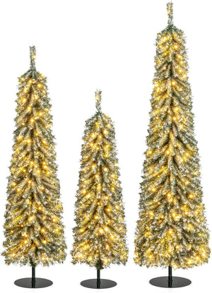 Artificial Christmas Tree Set of 3, Snowy Xmas Tree with PVC Branch Tips and Warm White LED Lights, Pre-Lit Slim Pencil Xmas Decoration Tree (4FT+5FT+6FT)