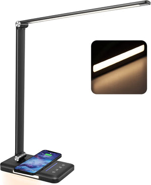 LED Desk Lamp with Night Lighting, Fast Wireless Charger, USB Charging Port, 10 Brightness, 5 Color Modes, Dimmable Desk Lamps for Home Office, Touch Control, Auto Timer, 1200Lux Super Bright