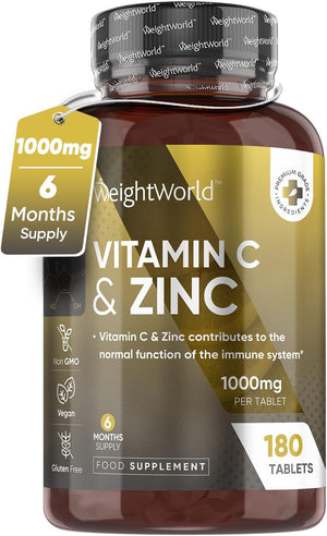 Vitamin C and Zinc Tablets - 6 Months Supply - 1000mg L-ascorbic Acid with Added Zinc - Natural Immunity Supplement (180 Vegan Tablets) - High Strength Vitamin C & Zinc Supplement for Adults