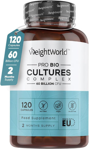 Bio Cultures Complex Probiotics & Prebiotics - 60 Billion CFU - 2 Months Supply - 120 Vegan Probiotic Complex Capsules for Adults - 20 Gut-Friendly Bacterial Cultures Like Lactobacillus Acidophilus