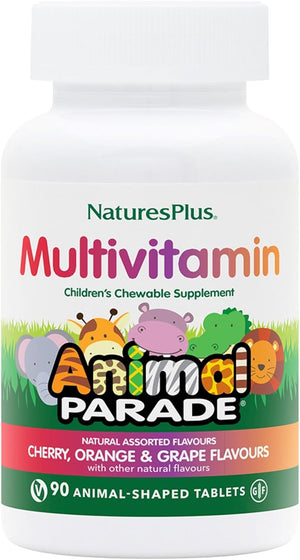 Animal Parade Children’s Multivitamin - Natural Assorted, Cherry, Orange, and Grape Flavours, Chewable Animal Shaped Tablets - Gluten Free (90, Assorted Flavours)