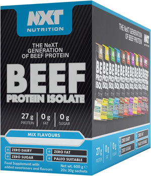 NXT Beef Protein Isolate 20 Sachets - Mixed Selection Box | Protein Powder High in Natural Amino Acids - Paleo, Keto Friendly - Dairy and Gluten Free - Muscle Recovery | 20 Flavours |