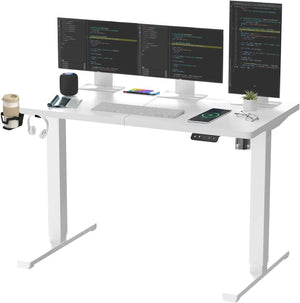 QS1+140 * 60 Electric Standing Desk Height Adjustable Standing Desk Sit Stand Desk Adjustable Desk 4-Memory Smart Pannel (White Frame+ White Desktop)