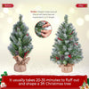 2Pcs Pre-Lit Artificial Mini Tabletop Christmas Tree, 3ft/98cm Frosted Battery Operated Small Xmas Trees with 50 LED Lights, 70 Red Berries &10 Pinecones for Festival Decoration